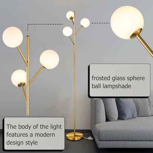 Globe Mid Century Tree Floor Lamp with 3 Light Bulbs,70in Tall Standing Glod Floor Lamp with Frosted Glass Shade for Living Room,Office,Bedroom, Study Room, Hotel, Antique Brass Lighting