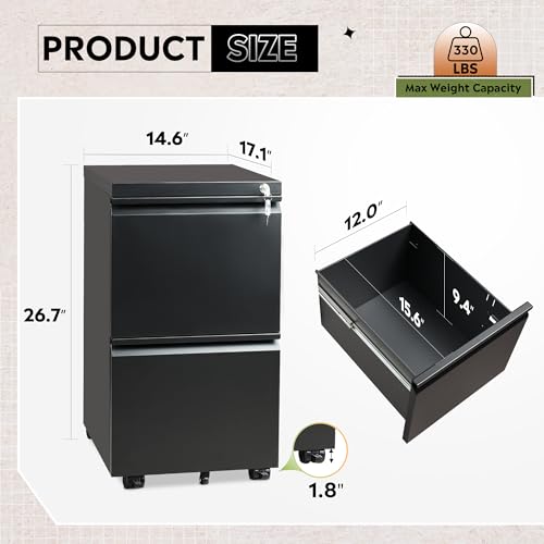 DEVAISE Black Metal File Cabinet with 2 Drawers, Fully Assembled, 17"D x 15"W x 27"H