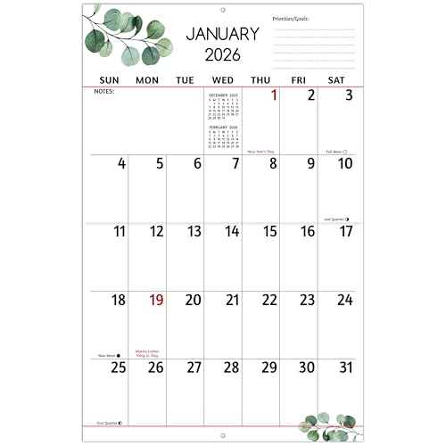 Wall Calendar 2025-2026 - Large Print Calendar, Jul 2025 - Dec 2026, 14.6 x 22.8 In (Open), 18 Monthly Calendar 2025-2026 with Big Numbers, Large Grid, Notes, Moon Phases, Great for Planning