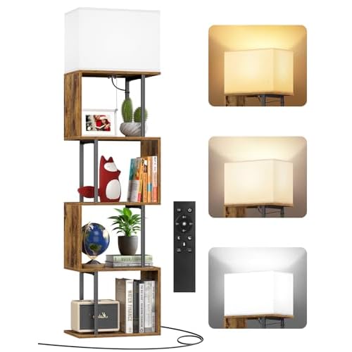 5-Tier Floor Lamp with Shelves & Remote, Dimmable S-Shaped Bookshelf with 3 Color Temperature, 1-Hour Timer, Tall Corner Standing Lamp for Living Room, Bedroom, Office (Rustic Brown)