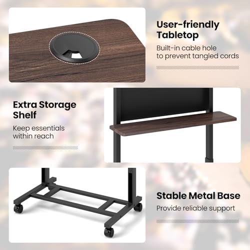 Tangkula Walnut 3-Position Height Adjustable Rolling Podium/Lectern with Tilted Tabletop