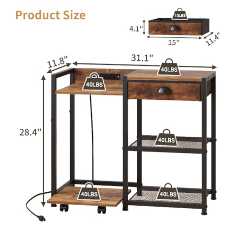 Printer Stand with Storage, Mobile Printer Table with Charging Station and USB Port for Home Office, Desktop Shredder Shelf with Wheels, Rolling Cart with Drawers, Computer Tower Stand