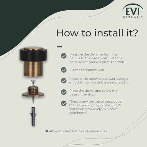 EVI Door Stops | Leather Brass Door Stopper - Screw Fastening - Black Rubber Protector - 0.95 x 1.38 Inch Door Stop