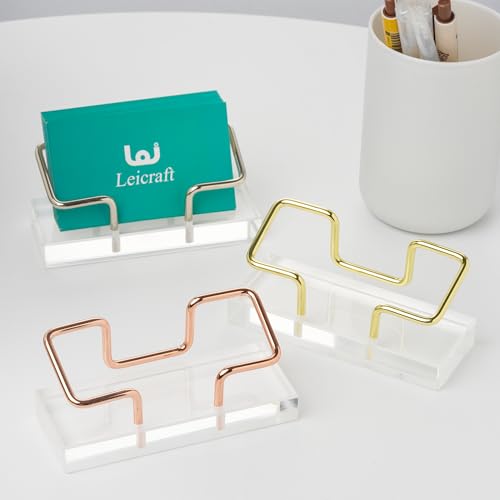 Leicraft Golden Business Card Holder for Desk - Modern Acrylic & Metal Organizer