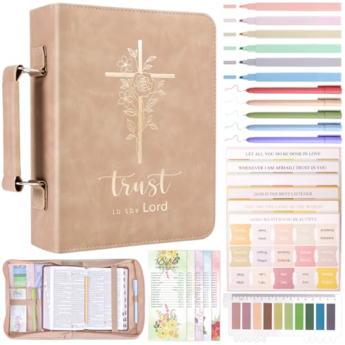 XKDOUS Women's Leather Bible Cover Large Khaki & Golden Cross