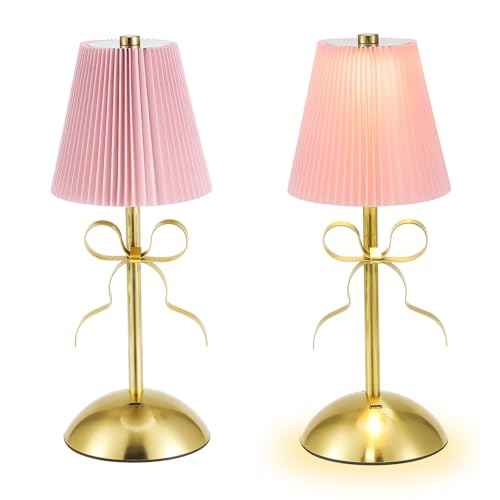 2 Pack Small Gold Bow Table Lamp 12 Inch for Girl's Bedroom Cute Coquette Bow Table Lamp with Fabric Shade Modern Decorative Bedside Light Small Princess Desk Lighting Boho Living Room (Pink)