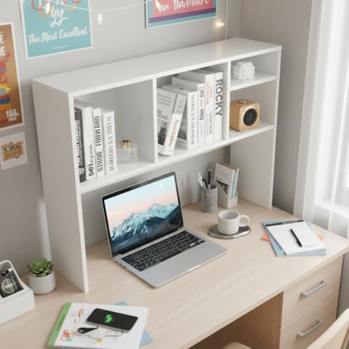 Tangkula White 4-Shelf Desktop Bookshelf with Countertop Storage Hutch