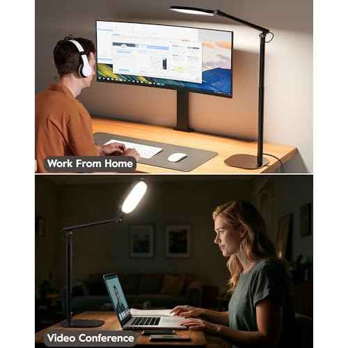Led Desk Lamps for Home Office with Base, Tall Desk Lamp with 50 Light Modes & Memory and Timer Func Computer Light, Flexible Adjustable Table Lamps for Video Conference, Architect or Study( Black)