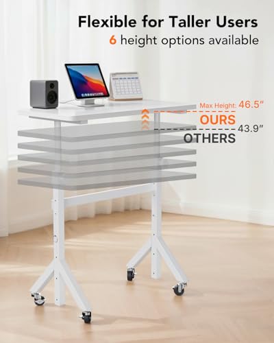 ErGear White Adjustable Standing Desk 32x16 Inch, Height Up to 46.5" with Lockable Wheels