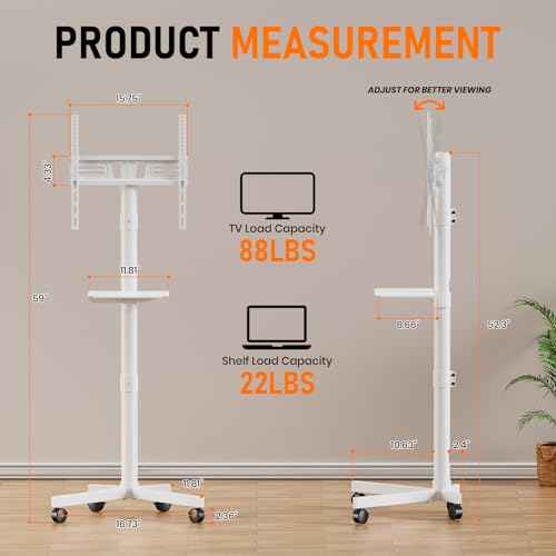 Mobile TV Cart Rolling TV Stand for 23-60 Inch LCD LED OLED Flat Curved Screens up to 88 lbs, Height Adjustable Portable TV Cart with Shelf/Wheels, Outdoor TV Stand Mount, Max VESA 400x400mm, White