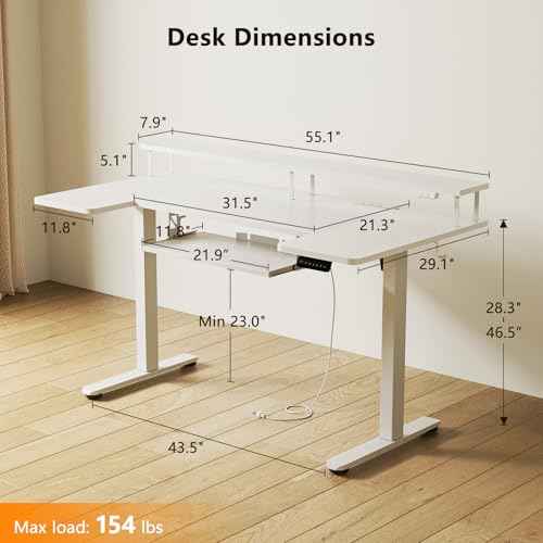 OffiGo U Shaped Electric Standing Desk with Keyboard Tray, 55 Inch Height Adjustable Desk with Power Outlets & LED Lights, Sit Stand Table with Monitor Stand for Home, Office, White