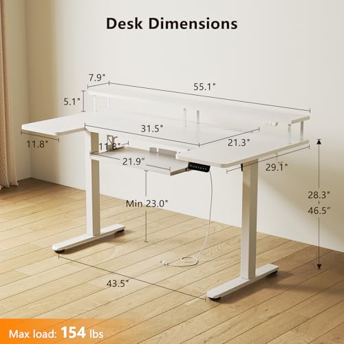 OffiGo 55 Inch U Shaped Electric Standing Desk with Keyboard Tray - White