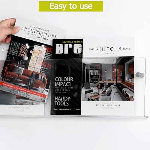 2 Pack Clear Acrylic Magazine Holder, Wall Mount Hanging Bookshelf Literature Storage Rack, Brochure File Display Shelf for Waiting Room, Living Room, Office, Home