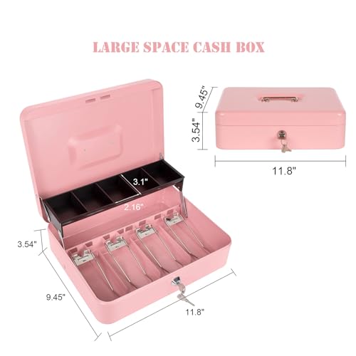 Crinwaki Pink Cash Box with Money Tray and Key Lock – Large Pink Cash Drawer Safe