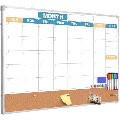 Monthly Calendar Dry Erase Board 36x24 Inch, Double-Sided Whiteboard and Corkboard Combo with Silver Aluminum Frame (Color Calendar), Wall Mounted Planer with Marker, Magnet, Push Pin, Eraser