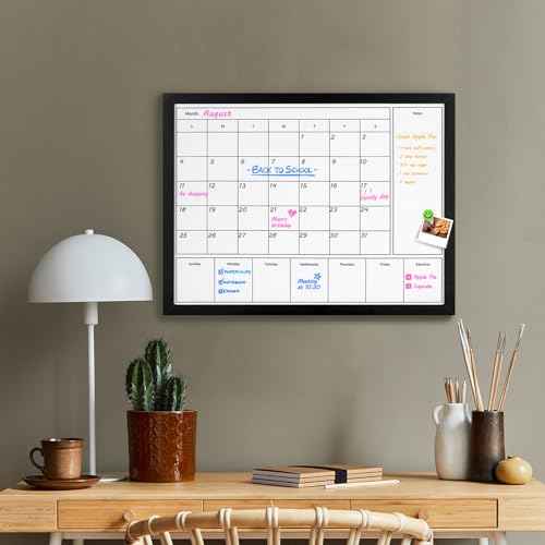 3-in-1 Dry Erase Calendar for Wall, 23.6x17.7 inches Magnetic Surface Monthly & Weekly Planner Whiteboard, Dry Erase Board with Black Wood Frame, Hanging White Board Calendar(YL+ZL-BK,4560)