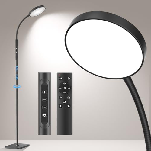 PACOVY Black Adjustable LED Floor Lamp with Remote & Touch Control, Dimmable Reading Light