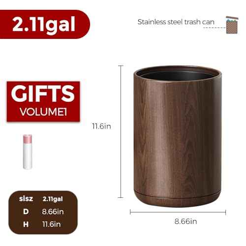 8L/2.1GAL Modern Metal Waste Bin with Realistic Wood Texture,Built-in Bag Holder,Open-Top Trash Bin for Bathroom,Home,Office,Living Room (2.1gal Round)