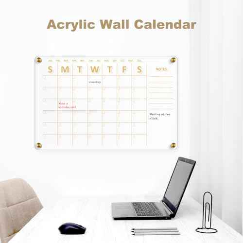 Large Acrylic Calendar for Wall, 24" X 16" Golden Clear Acrylic Wall Calendar, Clear Wet & Dry Erase Calendar Hanging Frameless Monthly Planner for Office, Home or School, 2 Markers