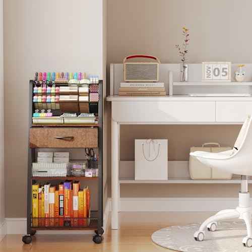 3 Tier Rolling Cart - Metal Utility Cart with Storage Drawer and Wheels, Versatile Art & Craft Organizer for Home, Office, or Studio - Ideal for Storing Brushes, Paints, and Supplies