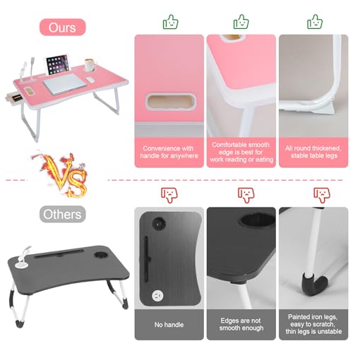Laptop Bed Table, Laptop Desk for Bed, Foldable Laptop Bed Desk with USB Charge Port, Handle, Desktop Card Slot, Cup Slot, Side Drawer, Portable Laptop Table for Bed Eating Reading Working