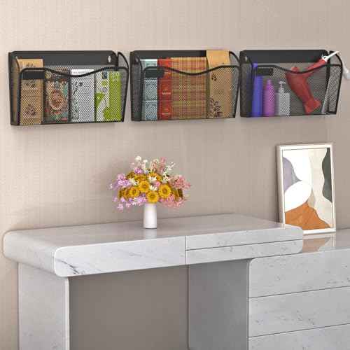 Wall File Organizer, Mesh Hanging File Organizer, Home Office Organization and Storage, 6 Single Pockets Document Magazine Rack