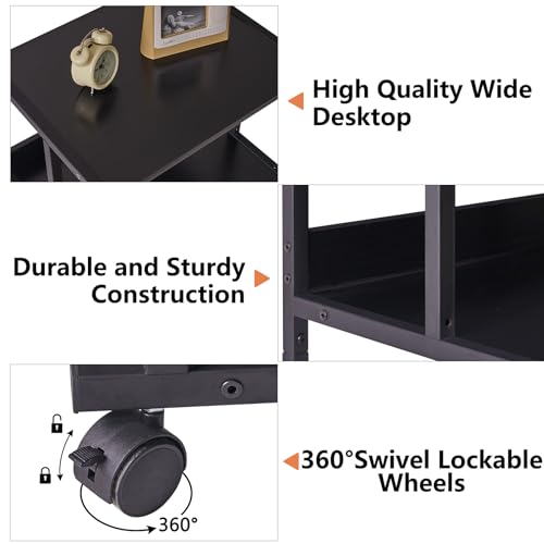 IBUYKE Black Printer Stand with Storage Shelf,3 Tier Printer Table with Wheels,Printer Cart for Home Office Organization, Rolling Cart Stand for Heat Press Microwave and Mini Fridge TPS001B