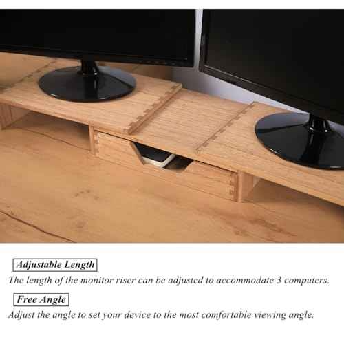 Monitor Stand Rier - Computer Riser with Storage Drawer for Office Supplies - Wood Desktop Organizer Shelves with Adjustable Length Angle - Desk Organizer Tray Rack for Laptop (YPJ3T-LT)