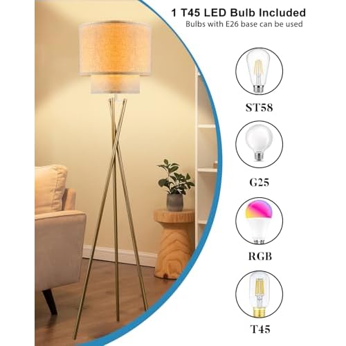 Lightdot Glod Tripod Floor Lamp, Modern Floor Lamps for Living Room, Standing Lamp with Dual Drum, E26 Bulb Included, 67.7" Tall Floor Lamp for Bedroom, Home Office