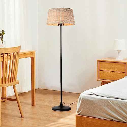 Rattan Industrial Floor Standing Lighting with Pedal Black Cord Wicker Lampshade E26 Lamps Fixture Lights for Bedroom Living Room Reading Room Studio