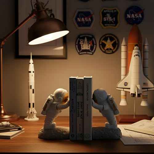 Astronaut Bookends - Space Decor for Kids Rooms & Home Office - Heavy Duty Book Holders with Anti-Slip Base - Cool Unique Design (Gold)
