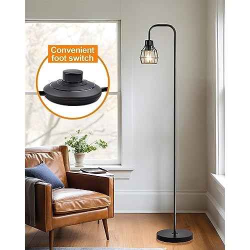 Oneach 63.75" Industrial Floor Lamp Modern Black Floor Lamp with Footswitch Metal Reading Tall Pole Light with 4W LED Bulb Standing Tall Lamp for Living Room Bedroom Office E26 Base
