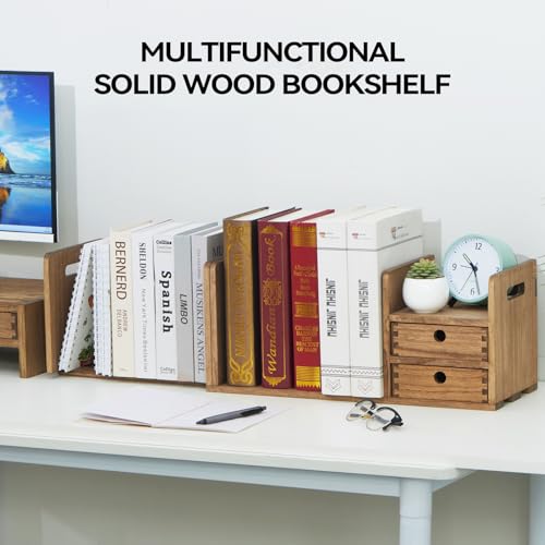 KIRIGEN Wood Adjustable Desk Orangizer Storage Expanable Desktop Bookshelf Fully Assembled Bookcase Adjustable Book Rack with Drawer for Office SSSJ-L-DBR