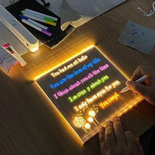 Lumiboard Led Drawing Board, Erasable Drawing Board with Night Light, 2025 New Luminous Acrylic Message Board, LED Writing Board with Adjustable Stand and 7 Pens for Office Home (20*20cm / 7.8*7.8in)