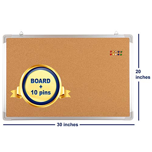 Cork Board Set for Wall - Bulletin Corkboard 30 x 20 in with 10 Thumb Tacks - Wall Hanging Message Memo Pin Board Tackboard Organizer for Home, Office, Desk and Cubicle (30x20 in)