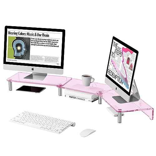dual monitor stand riser, 3-layer pink acrylic monitor stand with anti slip pad, adjustable length and angle, suitable for 2 monitors, desktop, laptop, PC, printer, TV screen (Pink acrylic)