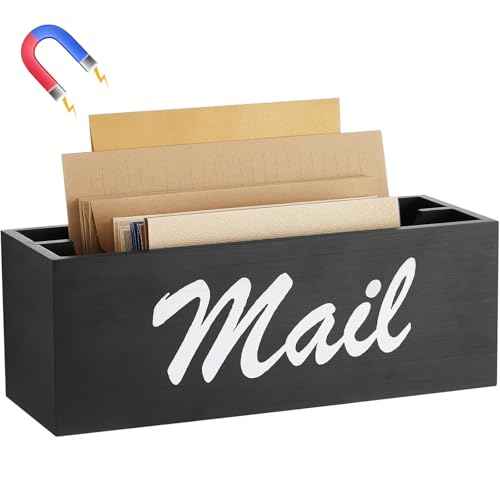 Magnetic Mail Organizer Farmhouse Rustic Mail Holder for Fridge Wood Paper Basket Letter Envelope File Storage Box with 2 Slot for Home Office Metal Cabinet Wall Desk Countertop(Black)