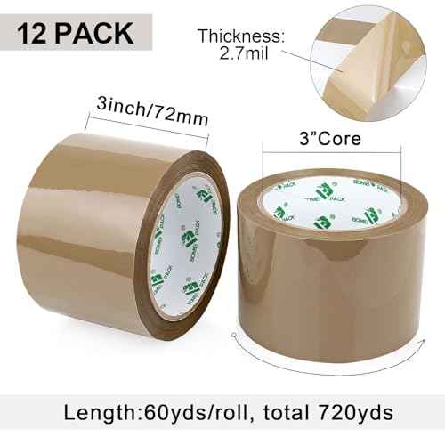 BOMEI PACK Brown Packing Tape 3 inch Wide, 12Rolls Heavy Duty Brown Packing Tape Refills Rolls for Moving Boxes, Shipping and Storage, 2.7 Mil x 60 Yards