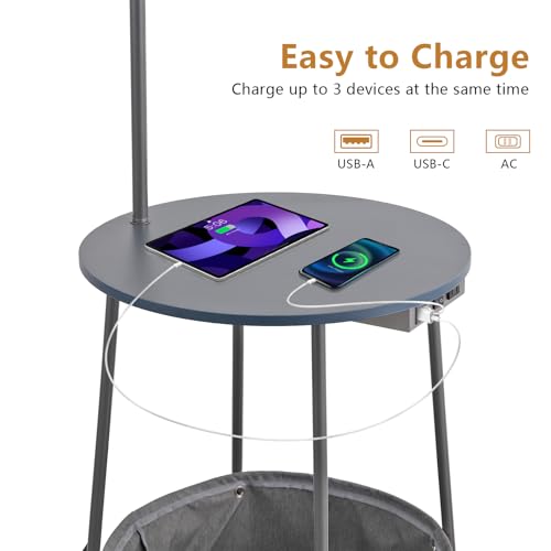 Floor Lamp with Cat Bed and Charging Station, Adjustable Lampshade, 3 Color Temperatures, Remote & Foot Switch Control, Standing Lamp with USB & AC Outlets for Living Room Bedroom, Gray
