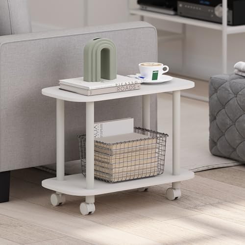 Furinno Turn-N-Tube 2-Tier Oval Side Table with Wheels, White – Plain White