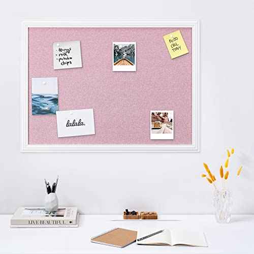 Navaris Framed Linen Bulletin Board - 17 x 23 inches Fabric Jewelry Organizer Pinboard for Wall Memory Memo Pin Board - Pink Linen with White Frame