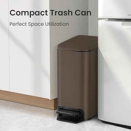Cesun Small Bathroom Trash Can with Lid Soft Close, Step Pedal, 6 Liter / 1.6 Gallon Stainless Steel Garbage Can with Removable Inner Bucket, Anti-Fingerprint Finish (Brown)