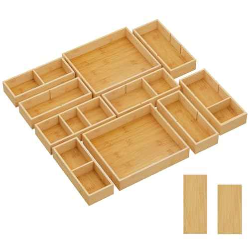 Lifewit Drawer Organizers 10 Pack(22 Grid) with 12 Inserts, Adjustable Bamboo Wooden Drawer Dividers, Stackable Storage Box for Utensils, Silverware, Makeup, Junk in Kitchen/Bathroom/Office/Vanity