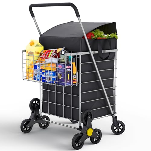 Our Modern Space Stair Climbing Shopping Cart Silver with Waterproof Basket Liner & 360° Swivel Wheels - Foldable & Lightweight Utility Cart