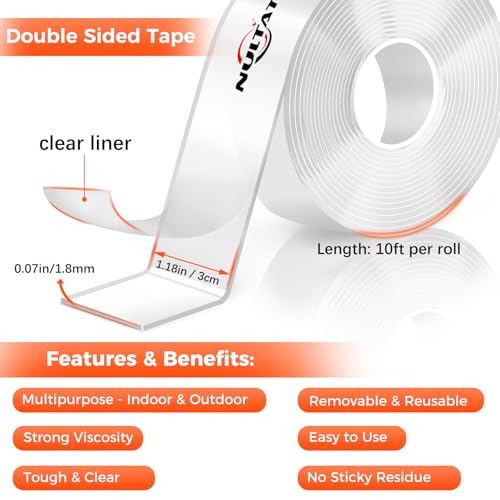 Strong Double Sided Tape Heavy Duty Double Sided Tape for Walls, Clear & Tough Double Sided Mounting Nano Tape, Removable Adhesive Wall Tape for Hanging Picture, Poster, Carpet (180FT)