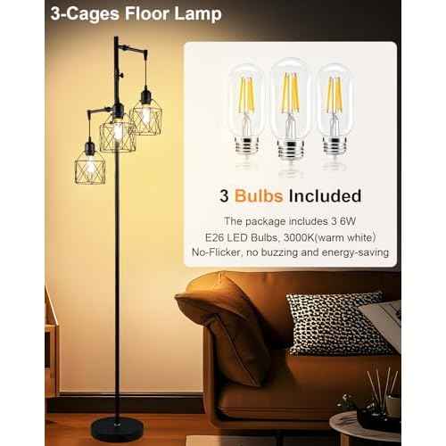 Lightdot 67IN 3-Light Floor Lamp for Living Room, Dimmable Tree Floor Lamp with Black Elegant Cages, Industrial Standing Tall Lamps with E26 LED Bulbs Included, Farmhouse Rustic lamp for Bedroom-Black