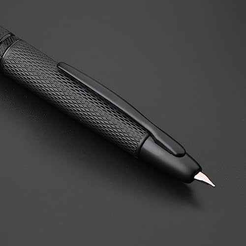 Majohn A1 Retractable Fountain Pen Extra Fine Nib with Box, Black Grid Press Pen with Converter for Writing (With Clip Version)