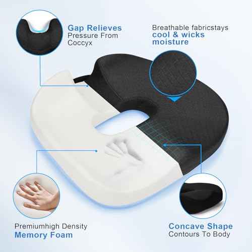 Memory Seat Cushion & Donut Pillow & Donut Cushion with Scientific Center Hole & Two Humps Hip Curve Design - Premium Memory Foam Seat Cushions for Office, Car & Home!(B-Black, Large)