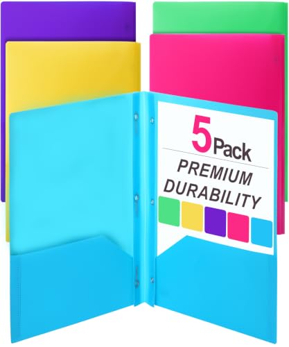 Bright Colors Plastic Folders with Pockets & Prongs - 5 Pack, Letter Size