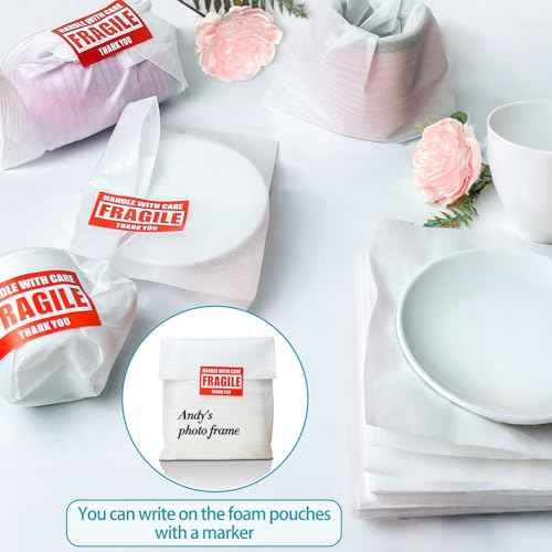 350 Pcs Dish Packing Supplies for Moving, 250 Cushion Foam Pouches and Sheets, 4 Sizes (16x12'', 12x12'', 12x8'', 8x8'') with 100 Fragile Stickers, Foam Pouches for Packing, Storage, Shipping